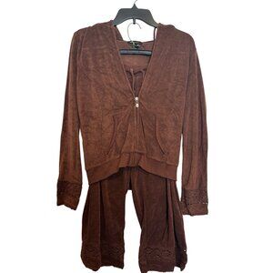 Vintage Y2K BCBGMaxAzria Brown Velour Hooded Jacket & Cropped Pants Set Women Si